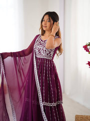 Adorable Heavy Work Wine Color Top With Lehenga