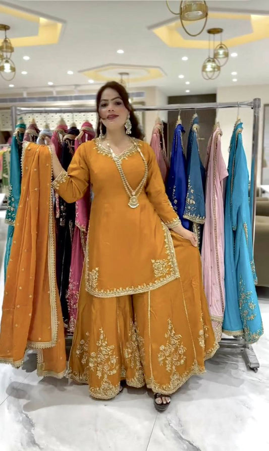 Outstanding Embroidery Work Mustard Color Sharara Suit