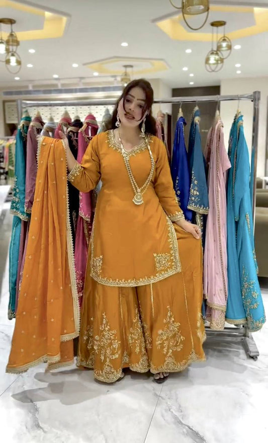 Outstanding Embroidery Work Mustard Color Sharara Suit