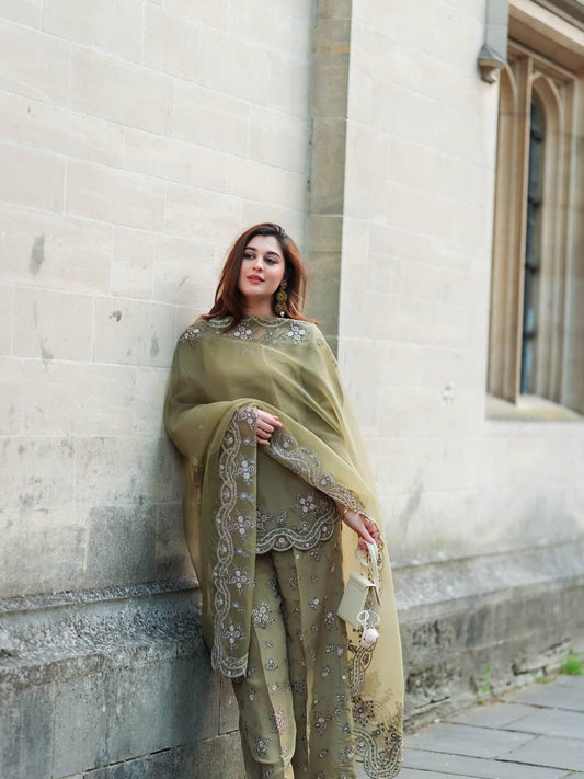 Delightful Mehndi Color Embroidery Work Sharara Suit