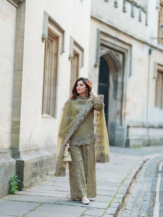 Delightful Mehndi Color Embroidery Work Sharara Suit