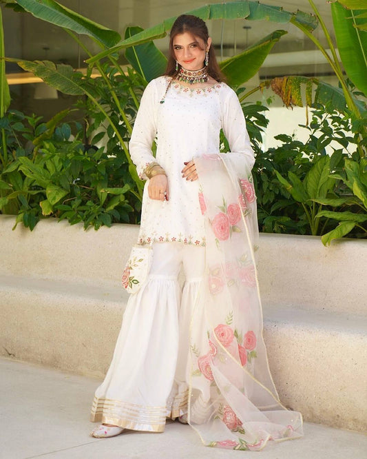 Ethnic Wear Embroidery White Color Sharara Set