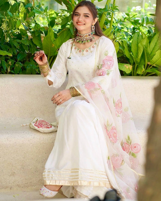 Ethnic Wear Embroidery White Color Sharara Set