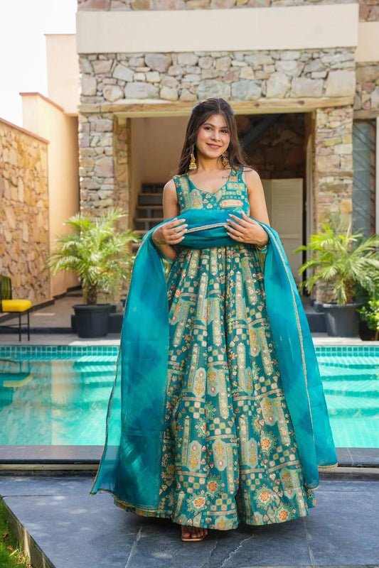 Classic Teal Green Color Digital Print Anarkali Gown