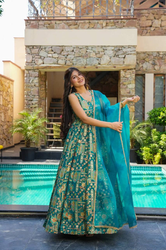 Classic Teal Green Color Digital Print Anarkali Gown