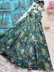 Classic Teal Green Color Digital Print Anarkali Gown