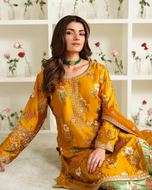 Decent Embroidery Work Yellow Color Salwar Suit