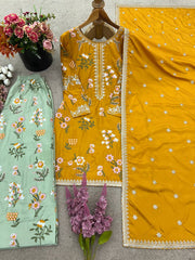 Decent Embroidery Work Yellow Color Salwar Suit