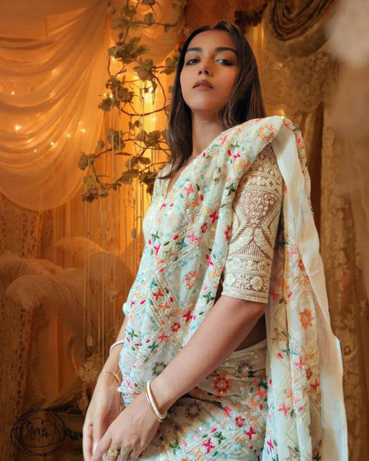Outstanding Multicolor Embroidery Work Saree
