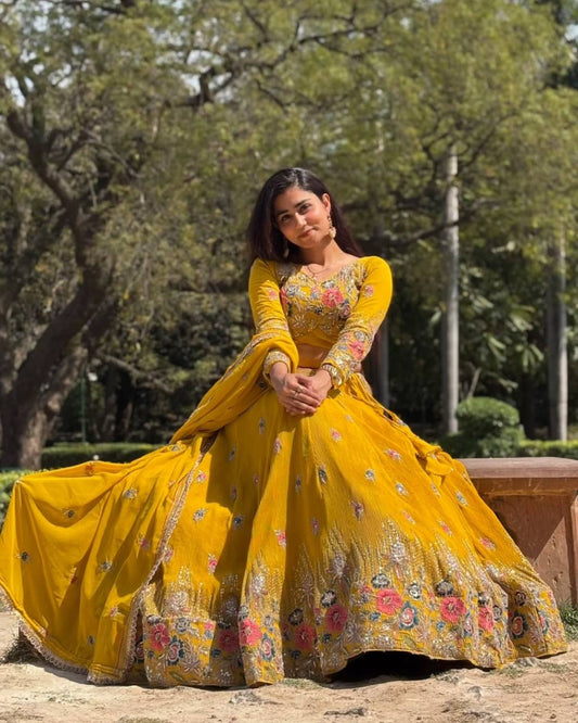 Wedding Special Yellow Color Georgette Lehenga Choli