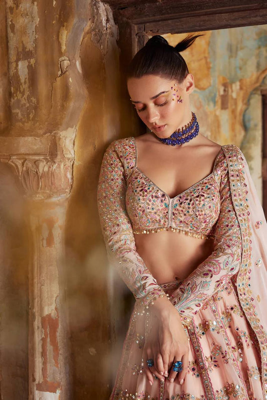 Bridal Wear Paper Mirror Work Peach Color Lehenga Set