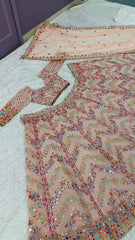 Bridal Wear Paper Mirror Work Peach Color Lehenga Set