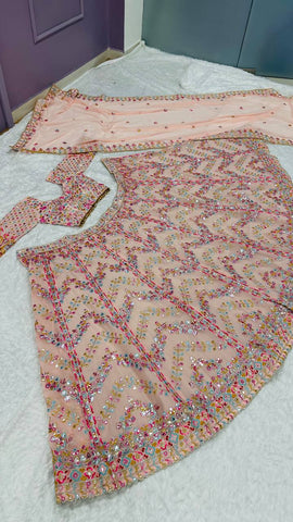 Bridal Wear Paper Mirror Work Peach Color Lehenga Set