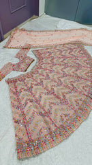 Bridal Wear Paper Mirror Work Peach Color Lehenga Set