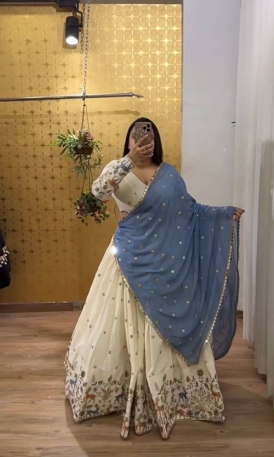 Occasion Wear White Lehenga Choli With Blue Dupatta