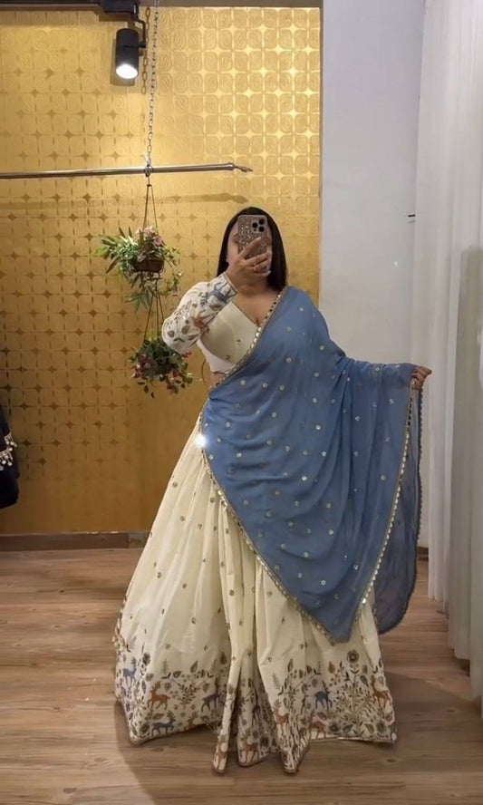 Occasion Wear White Lehenga Choli With Blue Dupatta