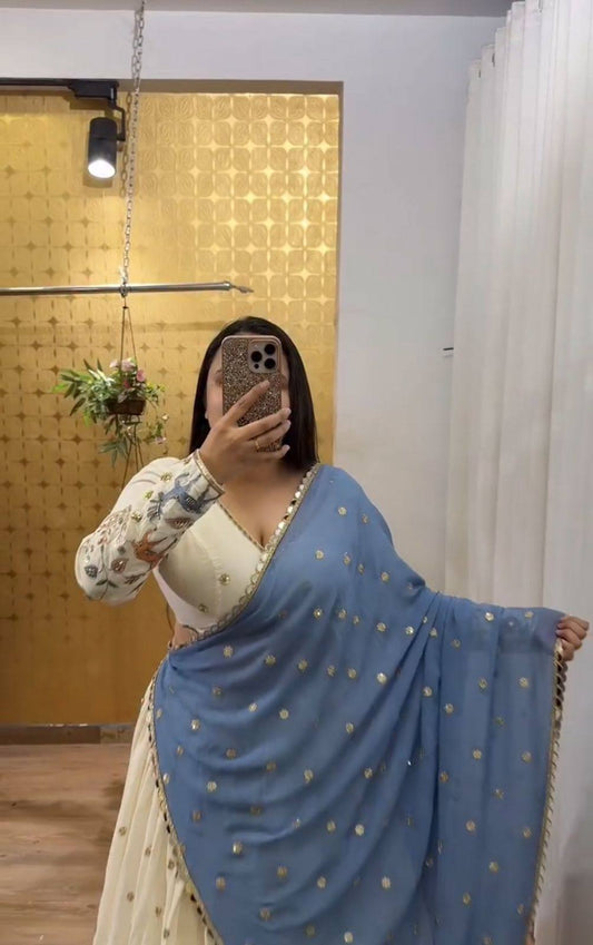 Occasion Wear White Lehenga Choli With Blue Dupatta