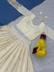 Occasion Wear White Lehenga Choli With Blue Dupatta