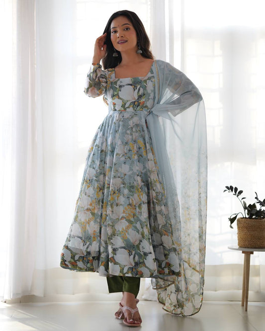 Adorable Floral Print Green Color Anarkali Suit