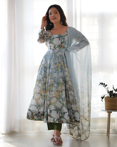 Adorable Floral Print Green Color Anarkali Suit