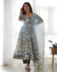 Adorable Floral Print Green Color Anarkali Suit