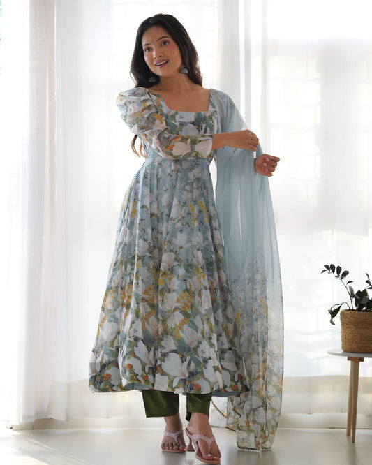 Adorable Floral Print Green Color Anarkali Suit