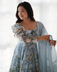 Adorable Floral Print Green Color Anarkali Suit
