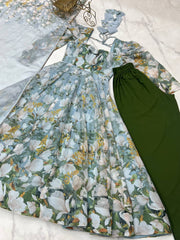 Adorable Floral Print Green Color Anarkali Suit