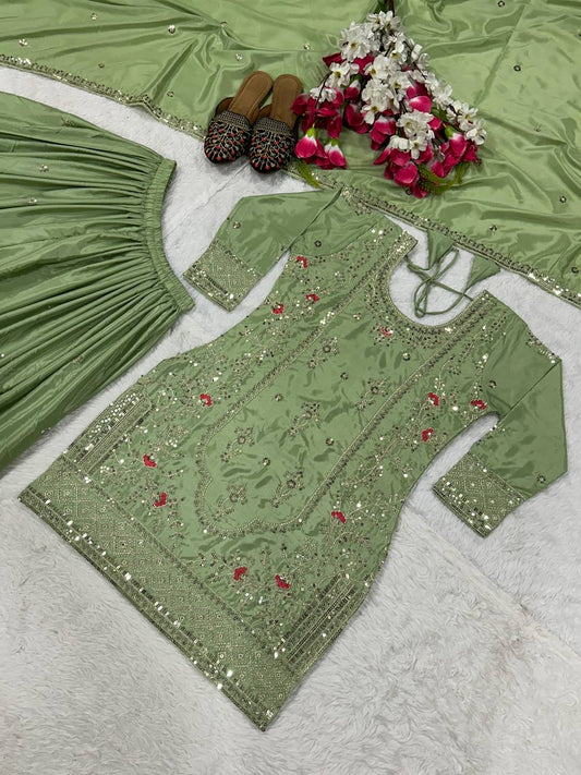 Elegant Pista Color Heavy Work Sharara Suit