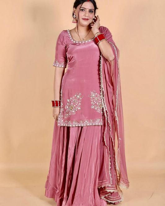 Wonderful Pink Color Full Stitched Sharara Suit