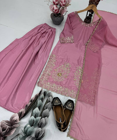 Wonderful Pink Color Full Stitched Sharara Suit