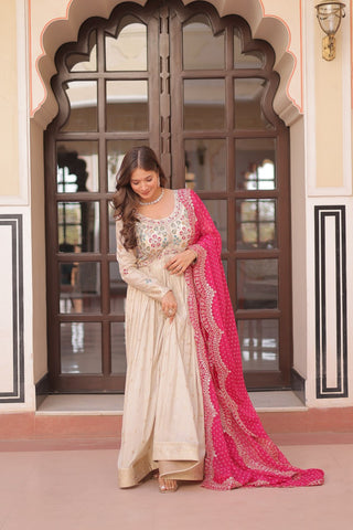Beautiful Embroidered Work Cream Color Gown With Pink Dupatta