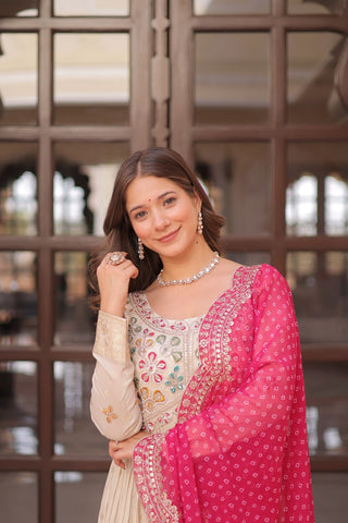 Beautiful Embroidered Work Cream Color Gown With Pink Dupatta