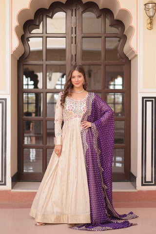 Beautiful Embroidered Work Cream Color Gown With Purple Dupatta
