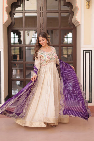 Beautiful Embroidered Work Cream Color Gown With Purple Dupatta