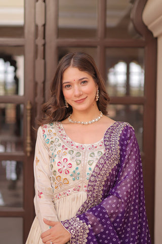 Beautiful Embroidered Work Cream Color Gown With Purple Dupatta