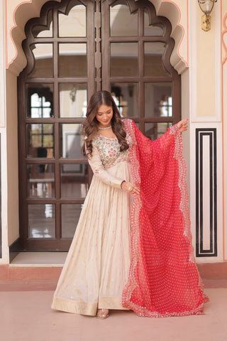 Beautiful Embroidered Work Cream Color Gown With Red Dupatta