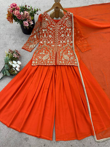 Designer Orange Color Top With Palazzo Set