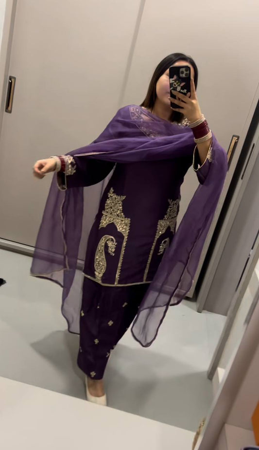 Punjabi Style Embroidery Work Purple Color Salwar Suit