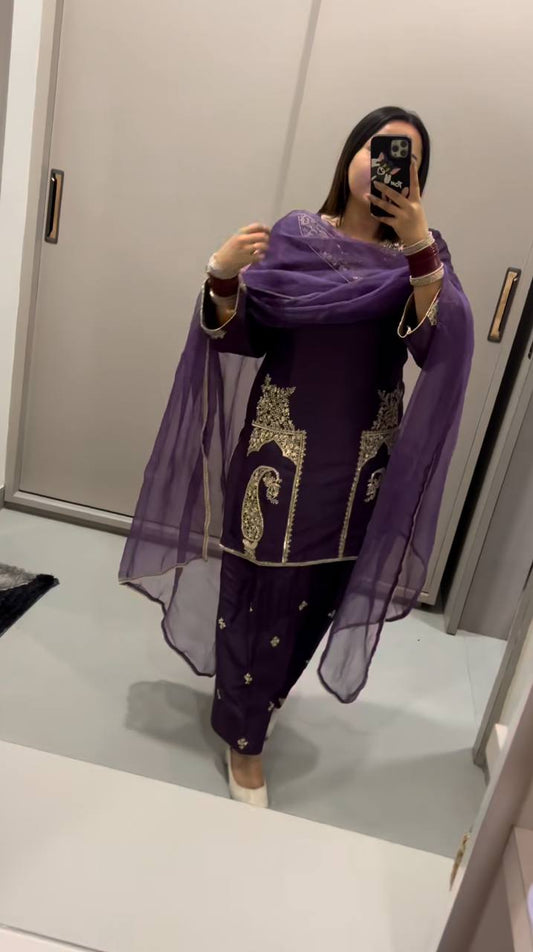 Punjabi Style Embroidery Work Purple Color Salwar Suit