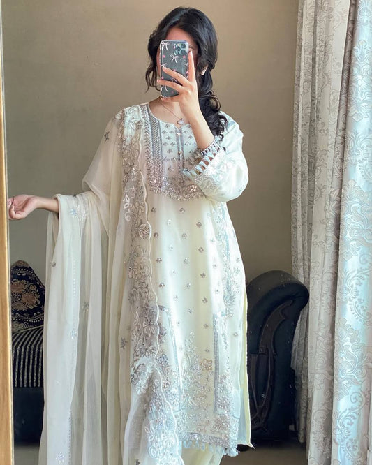 Elegant White Color Embroidery Work Palazzo Suit