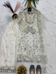 Elegant White Color Embroidery Work Palazzo Suit