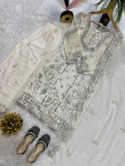 Elegant White Color Embroidery Work Palazzo Suit