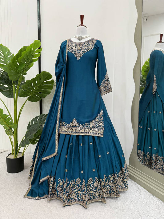 Occasion Wear Teal Blue Color Top With Lehenga