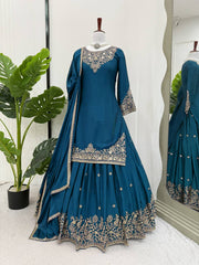 Occasion Wear Teal Blue Color Top With Lehenga