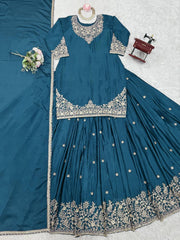 Occasion Wear Teal Blue Color Top With Lehenga