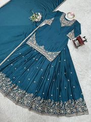 Occasion Wear Teal Blue Color Top With Lehenga