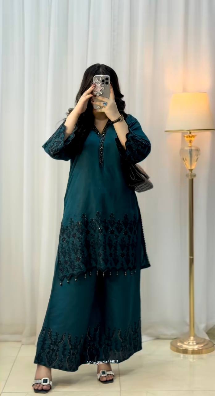 Sequence Work Teal Blue Vichitra Silk Palazzo Suit