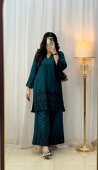 Sequence Work Teal Blue Vichitra Silk Palazzo Suit