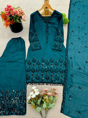 Sequence Work Teal Blue Vichitra Silk Palazzo Suit